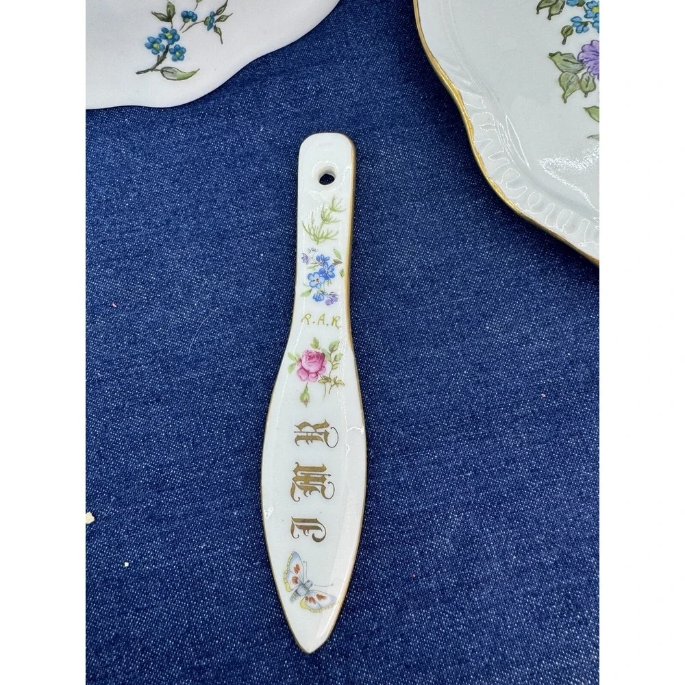 VTG Rare Covered Dish‎ & Knife Set Hand Painted Floral Signed Porcelain Ornate